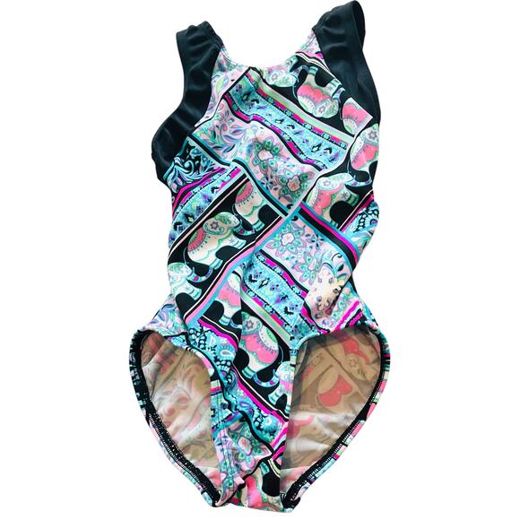 SNOWFLAKE RACERBACK & SPLITBACK GYMNAST, DANCE LEOTARD-CHILD S-MULTICLR-BLK TRIM - Picture 2 of 9